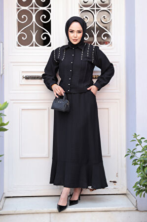 Düğmeli Siyah Tesettür Etekli İkili Takım 44741S