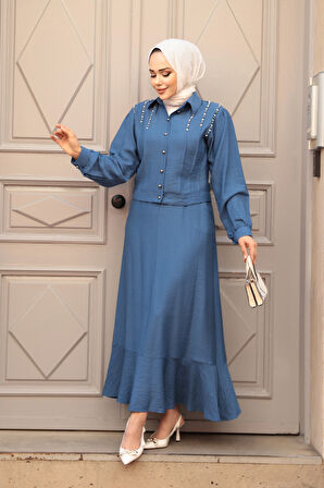Düğmeli İndigo Mavisi Tesettür Etekli İkili Takım 44741IM