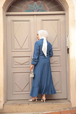 Düğmeli İndigo Mavisi Tesettür Etekli İkili Takım 44741IM