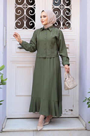 Düğmeli Haki Tesettür Etekli İkili Takım 44741HK