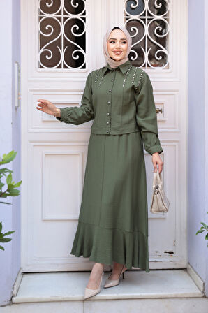 Düğmeli Haki Tesettür Etekli İkili Takım 44741HK