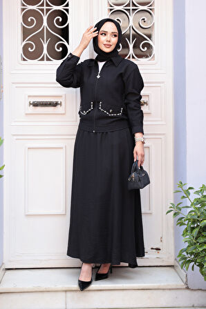 Fermuarlı Siyah Tesettür Etekli İkili Takım 44751S