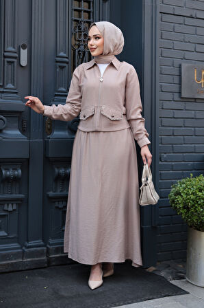 Fermuarlı Koyu Bej Tesettür Etekli İkili Takım 44751KBEJ