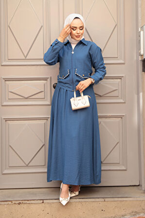 Fermuarlı İndigo Mavisi Tesettür Etekli İkili Takım 44751IM