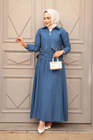 Fermuarlı İndigo Mavisi Tesettür Etekli İkili Takım 44751IM
