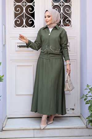 Fermuarlı Haki Tesettür Etekli İkili Takım 44751HK