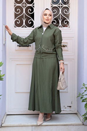Fermuarlı Haki Tesettür Etekli İkili Takım 44751HK
