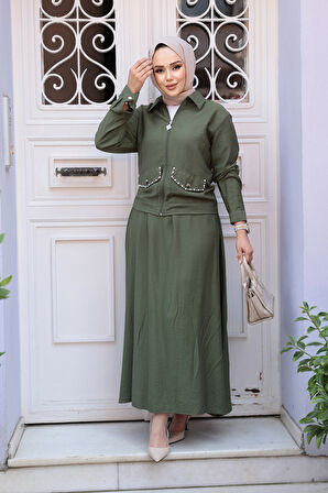 Fermuarlı Haki Tesettür Etekli İkili Takım 44751HK