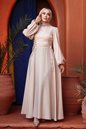 - Balon Kol Bej Saten Tesettür Abiye Elbise 61501BEJ