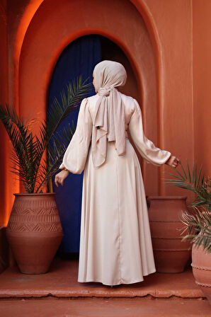 - Balon Kol Bej Saten Tesettür Abiye Elbise 61501BEJ