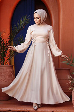 - Balon Kol Bej Saten Tesettür Abiye Elbise 61501BEJ