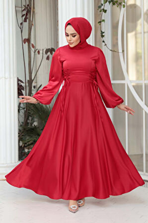 - Balon Kol Kırmızı Saten Tesettür Abiye Elbise 61501K