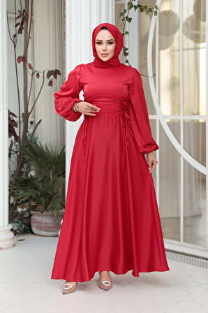 - Balon Kol Kırmızı Saten Tesettür Abiye Elbise 61501K