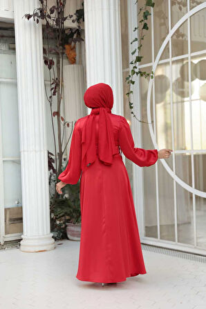 - Balon Kol Kırmızı Saten Tesettür Abiye Elbise 61501K