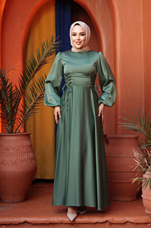 - Balon Kol Çağla Yeşili Saten Tesettür Abiye Elbise 61501CY