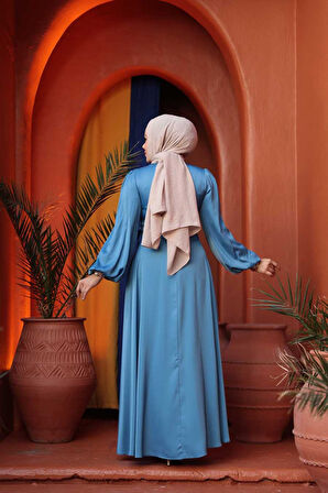 - Balon Kol Mavi Saten Tesettür Abiye Elbise 61501M