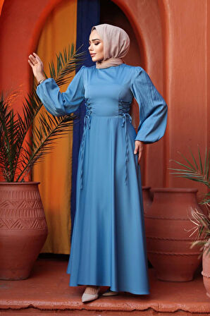 - Balon Kol Mavi Saten Tesettür Abiye Elbise 61501M