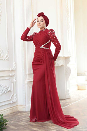 Boncuk İşlemeli Bordo Tesettür Abiye Elbise 5295BR