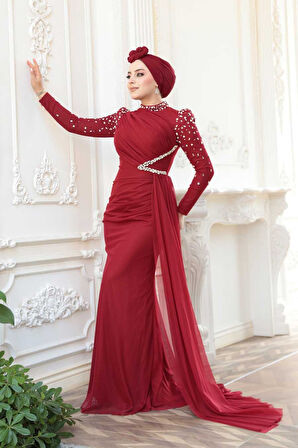 Boncuk İşlemeli Bordo Tesettür Abiye Elbise 5295BR