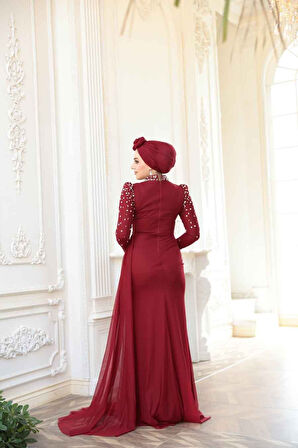 Boncuk İşlemeli Bordo Tesettür Abiye Elbise 5295BR