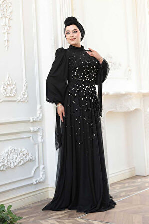 - Boncuk İşlemeli Siyah Tesettür Abiye Elbise 5283S