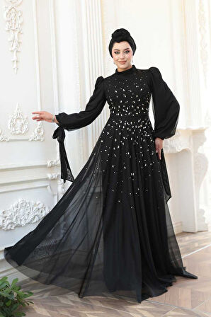 - Boncuk İşlemeli Siyah Tesettür Abiye Elbise 5283S