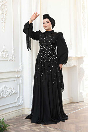- Boncuk İşlemeli Siyah Tesettür Abiye Elbise 5283S