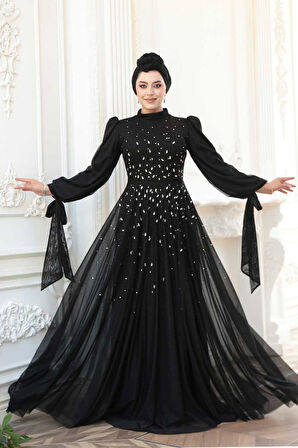 - Boncuk İşlemeli Siyah Tesettür Abiye Elbise 5283S