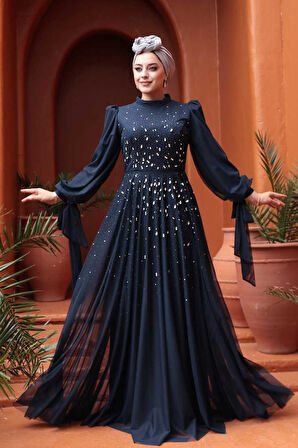 - Boncuk İşlemeli Lacivert Tesettür Abiye Elbise 5283L