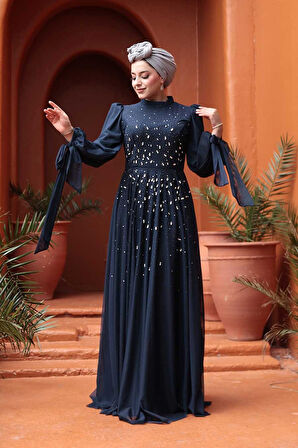 - Boncuk İşlemeli Lacivert Tesettür Abiye Elbise 5283L