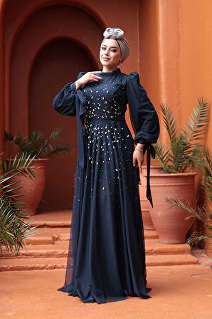 - Boncuk İşlemeli Lacivert Tesettür Abiye Elbise 5283L