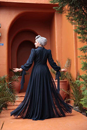 - Boncuk İşlemeli Lacivert Tesettür Abiye Elbise 5283L