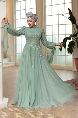 Boncuk İşlemeli Mint Tesettür Abiye Elbise 5283MINT
