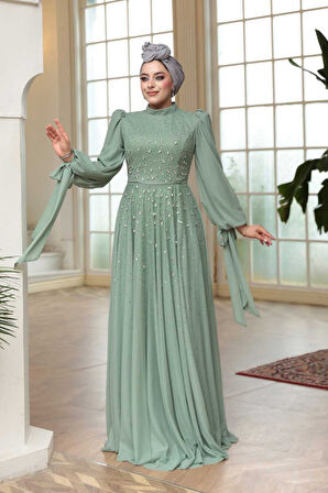 Boncuk İşlemeli Mint Tesettür Abiye Elbise 5283MINT