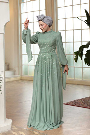 Boncuk İşlemeli Mint Tesettür Abiye Elbise 5283MINT