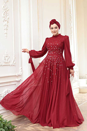 - Boncuk İşlemeli Bordo Tesettür Abiye Elbise 5283BR