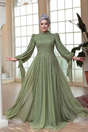 Boncuk İşlemeli Açık Haki Tesettür Abiye Elbise 5283AHK