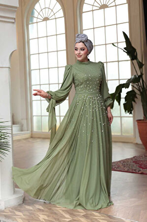 Boncuk İşlemeli Açık Haki Tesettür Abiye Elbise 5283AHK