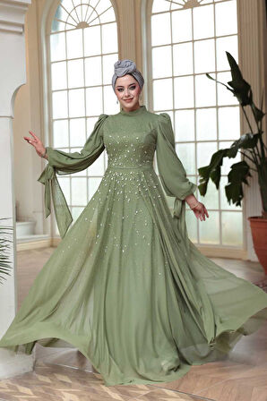 Boncuk İşlemeli Açık Haki Tesettür Abiye Elbise 5283AHK