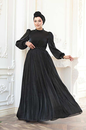 Boncuk Detaylı Siyah Tesettür Abiye Elbise 52751S