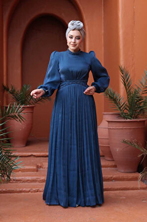 Boncuk Detaylı Lacivert Tesettür Abiye Elbise 52751L