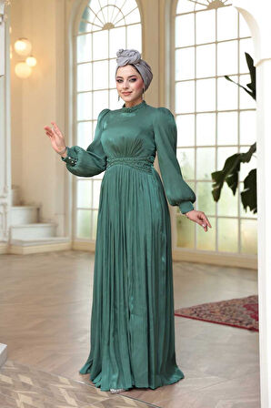 Boncuk Detaylı Koyu Çağla Yeşili Tesettür Abiye Elbise 52751KCY