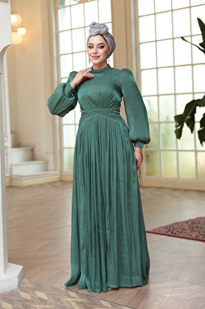 Boncuk Detaylı Koyu Çağla Yeşili Tesettür Abiye Elbise 52751KCY