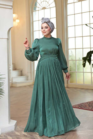 Boncuk Detaylı Koyu Çağla Yeşili Tesettür Abiye Elbise 52751KCY