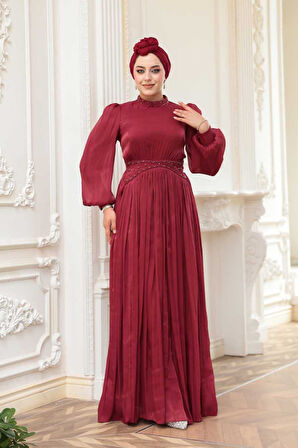 Boncuk Detaylı Bordo Tesettür Abiye Elbise 52751BR