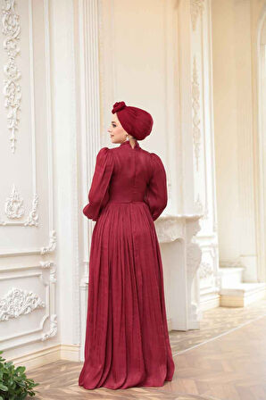 Boncuk Detaylı Bordo Tesettür Abiye Elbise 52751BR