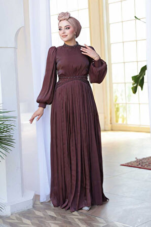 Boncuk Detaylı Kahverengi Tesettür Abiye Elbise 52751KH