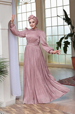 Boncuk Detaylı Gül Kurusu Tesettür Abiye Elbise 52751GK