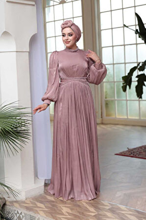 Boncuk Detaylı Gül Kurusu Tesettür Abiye Elbise 52751GK