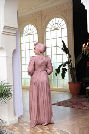 Boncuk Detaylı Gül Kurusu Tesettür Abiye Elbise 52751GK